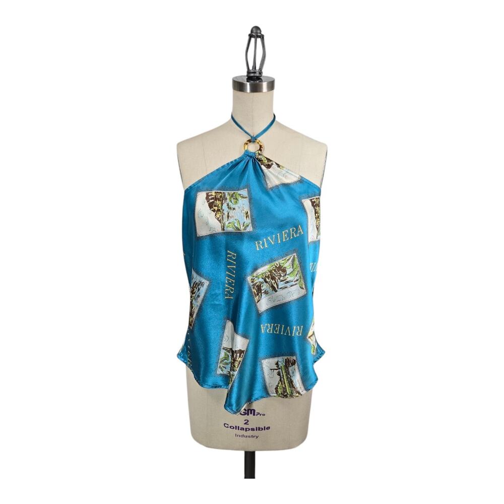 Y2K Old Navy Halter Top L Blue Riviera Postcard Print Satin Scarf Vacay Travel